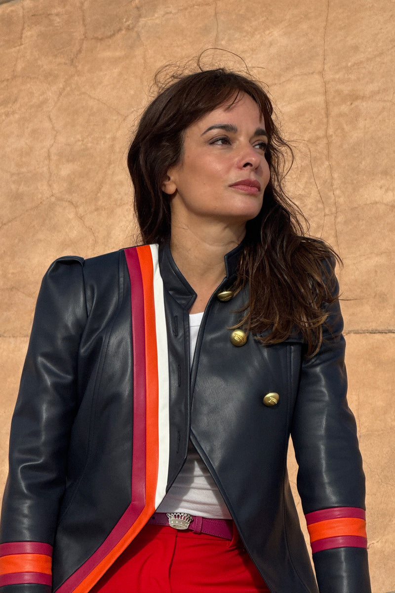 PREVENTA Chaqueta CONDECORADA cuero vegano azul marino