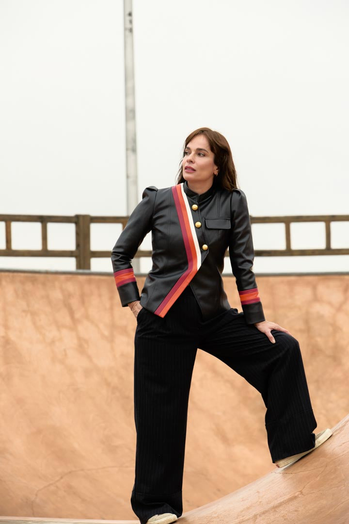 PREVENTA Chaqueta CONDECORADA cuero vegano azul marino