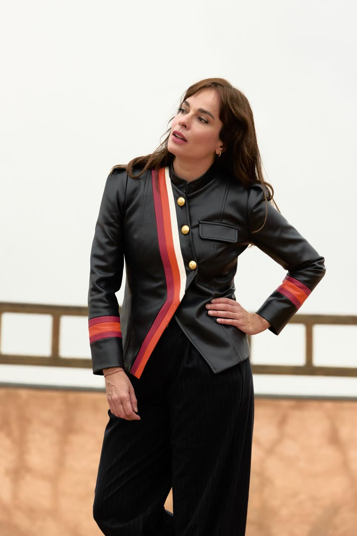 PREVENTA Chaqueta CONDECORADA cuero vegano azul marino