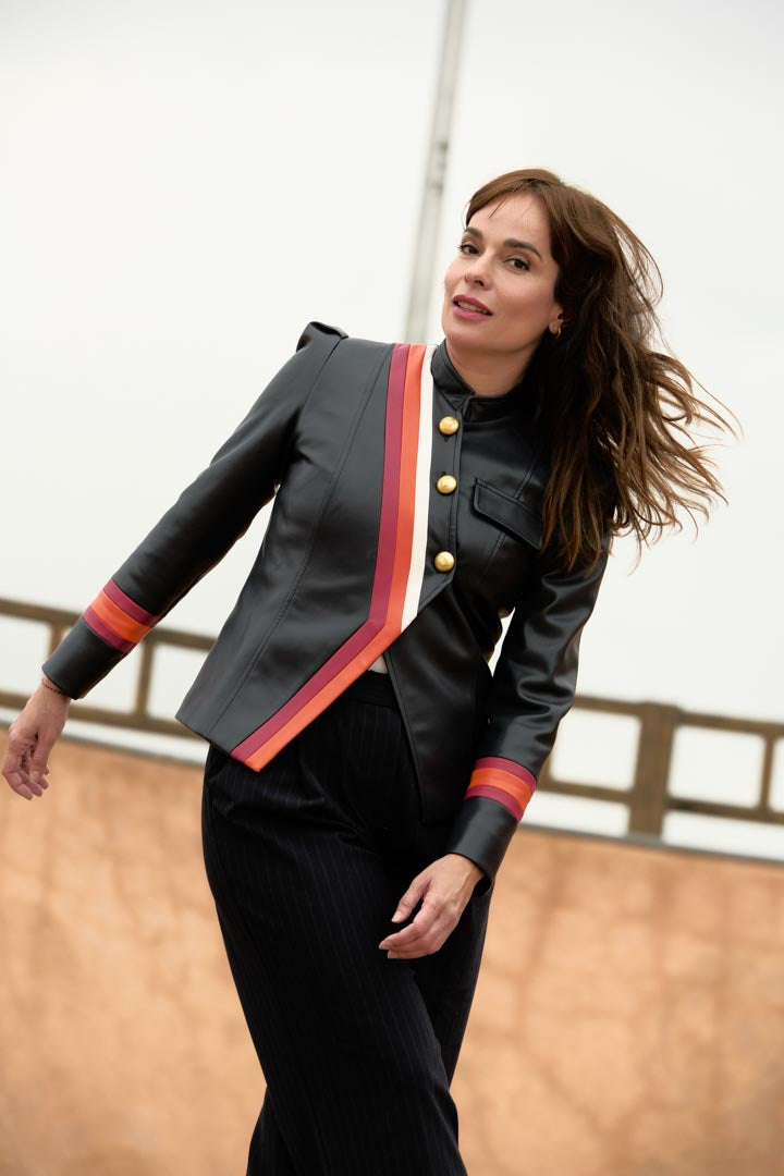 PREVENTA Chaqueta CONDECORADA cuero vegano azul marino